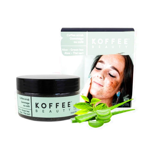 Koffee Beauty Aloe and Green Tea Coffee Scrub, 4 oz - Organic Exfoliating Body Scrub - Face Exfoliator with Soothing, Hydrating Oils - Restores Skin's Softness, Brightness - Fresh, Light Scent