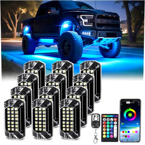 TDE Explorer.Lighting 12 Pods Full Angle RGBW LED Rock Lights, 6500K Pure White RGB Rock Light for Truck Jeeps Pickup Offroad Golf Cart SUV UTV Underbody, 12V Waterproof Neon Underglow Kit with APP/RF Remote Sync Music