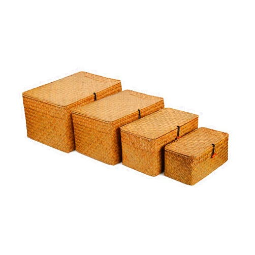 YANGQIHOME 4 Pack, Wicker Baskets with Lids, Nautral Seagrass Storage Baskets, Woven Rectangular Basket Bins, Rattan Storage Organizer for Shelf Honey Brown
