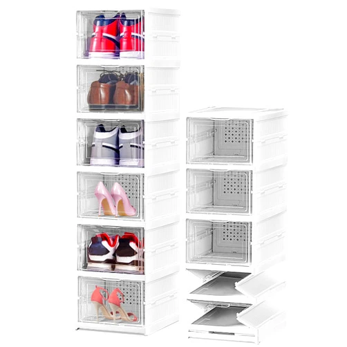 ALMOXVYE 6 Layers Foldable Shoe Box Organizer, Large Shoe Storage Organizer Bin with Clear Door, No Assembly Shoe Storage Box for Closet Entryway, Front Door, Living Room