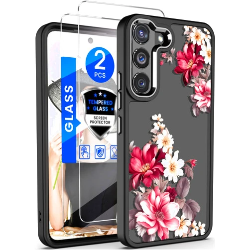 Dretal for Samsung Galaxy S22 5G Case Floral, Military Grade Drop Tested Hard Back & Soft Edge Slim Flower Women Girls Phone Protective Cover + Tempered Glass Screen Protector for Galaxy S22 (Black)