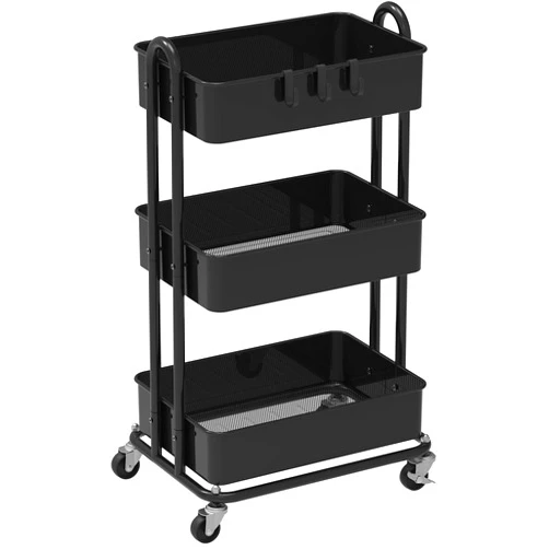 Simple Houseware Heavy Duty 3-Tier Metal Utility Rolling Cart, Black