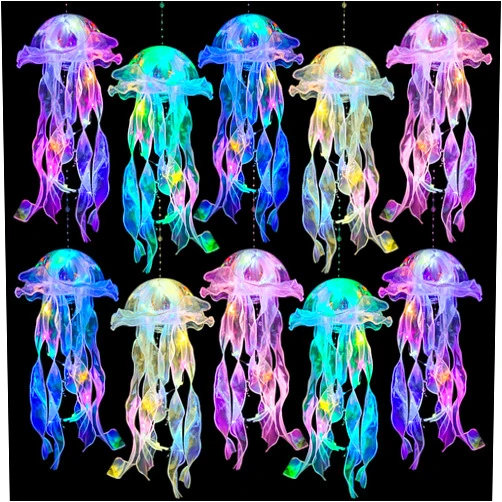 MEIWUTIE Jellyfish Decor - 10 Pcs Light Up Jellyfish Lanterns, Hanging Jelly Fish Decorations for Mermaid Birthday Decorations & Under The Sea Party Decorations, Ocean Themed Supplies Gifts