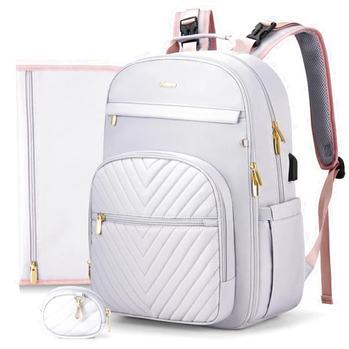 MOMUVO Diaper Bag Backpack, Quilted Baby Bag with Changing Pad & Stroller Straps & Pacifier Case, Multifunction Waterproof Travel Diaper Bags, Unisex, Light Purple