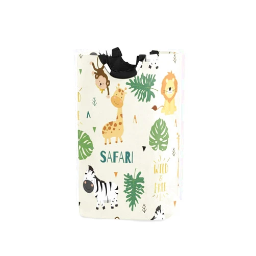 AJINGA Kids Laundry Hamper with Handles-Collapsible Fabric Laundry Bakset Dirty Clothes Hamper for Women,Cute Safari