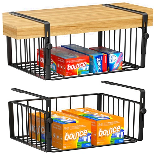 AmonHouseware 2Pack Under Shelf Basket Organizer,Adjustable Hanging Holder Storage for Cabinet Pantry Kitchen Cupboard Desk Counter Bookshelf Organization Add-on Space Saver Heavy Duty Slide-in,Black