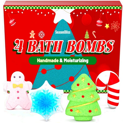 SeasonBliss Christmas Bath Bombs Set, Shower Bombs, 4 PCS Handmade Bubble Bath with Gingerbread & Christmas Tree & Candy Cane & Snowflake, for Valentines Present Cute Women Boys and Girls
