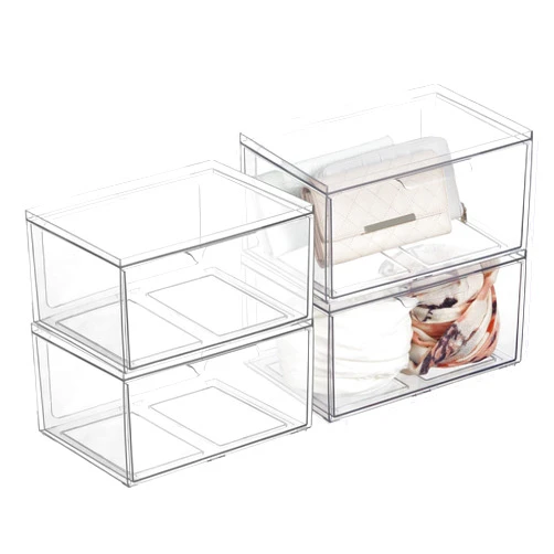 mDesign Plastic Wide Stackable Closet Storage Organizer Bin Containers with Front Pull Drawer for Cabinet, Desk, Shelf, Cupboard, or Dresser Organization - Lumiere Collection - 4 Pack - Clear