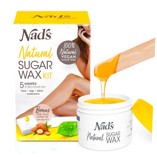 Nad's 100% Natural Sugar Wax Kit, Vegan, Hypoallergenic, No-heat Formula Waxing Sugar Paste, Includes 6 Wooden Spatulas, 10 Reusable 100% Cotton Strips, 1 Pre-wax Cleansing Soap & Sugar Wax 6oz