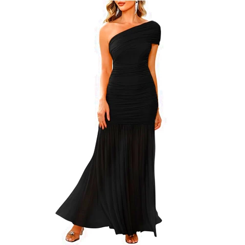 LAGSHIAN Women's Elegant Formal Long Dress One Shoulder Sleeveless Ruched Bodycon Evening Dress