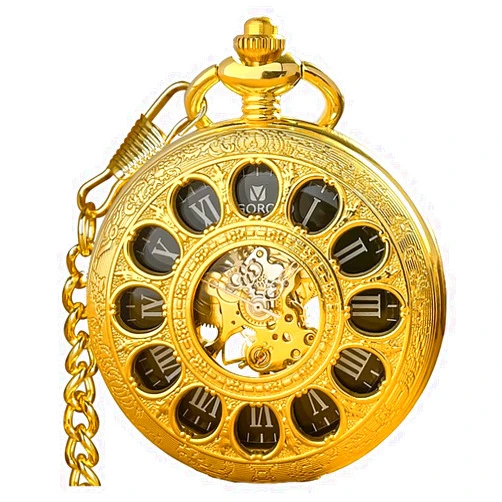 VIGOROSO Vintage Hand Wind Up Pocket Watches for Men, Mechanical Pocket Watch with Chain, Mens Skeleton Pocketwatch