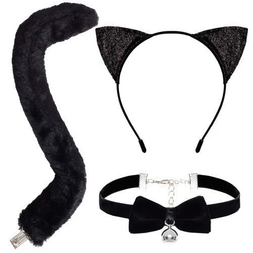 Gvhntk 3Pcs Cat Ears Headband and Tail Bell Collar Set Black Cat Costumes Accessories for Women Girls Halloween Animal Cosplay Party Accessory Kit for Adults