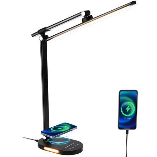 Lightess LED Desk Lamp with Cordless Charger, USB Charging Port, Touch Control, Dimmable Office Desk Light with 5 Color Modes & 5 Brightness Level, Auto Timer, Eye-Caring Desk Lamp for Study, Black