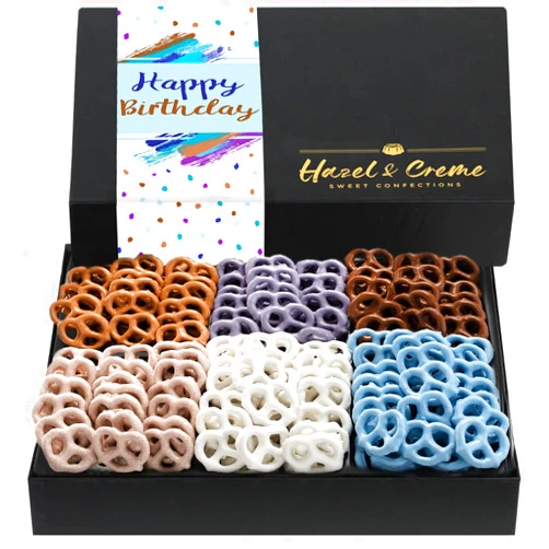 Hazel & Creme Happy Birthday Gourmet Pretzel Gift Basket - 6 Flavors - Yogurt Pretzels Gift - Birthday Chocolate Present for Him/Her