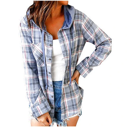 SMIDOW Womens Hooded Long Sleeve Flannel Plaid Shirts Lapel Button Down Shacket Jacket Coats 2023 Fall Fashion Coats
