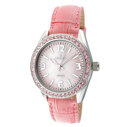 Peugeot Women's Boyfriend Large Face Case Dress Wrist Watch with Swarovski Crystal Bezel & Thick Leather Strap Band