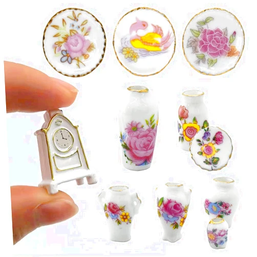 iLAND Miniature Dollhouse Accessories for Dollhouse Furniture, Mini Porcelain Vases and Decorative Plates w/a Desk Clock (Elegant Rose 11pcs)