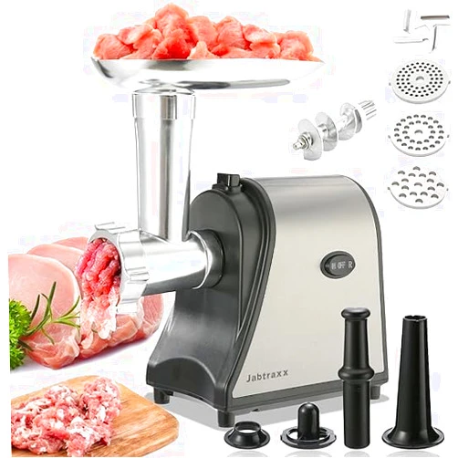 Jabtraxx Electric Meat Grinder Stainless Steel Sausage Stuffer Maker with 2 Blades & 3 Plates,2000W Max,3 Sausage Stuffer Tubes & Kubbe Kit,Heavy Duty Meat Grinder European Plugs,for Home Kitchen