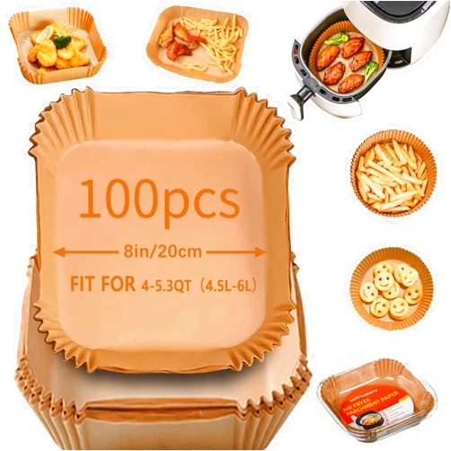 Tikxlafe Air Fryer Liners, 100PCS Food Grade Disposable Parchment Liners, Oil & Water Resistant Non-Stick Paper, Square, 8IN