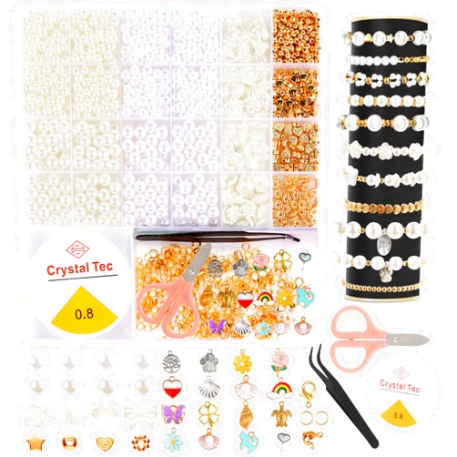 Qunland 1300PCS Pearl Beads for Bracelets, Bracelet Making Kit for Adults, Friendship Bracelet Beads, Jewelry Making Supplies with String Charms for Girls Kids Shaped Pearl Bead Kits for DIY Necklace Earring