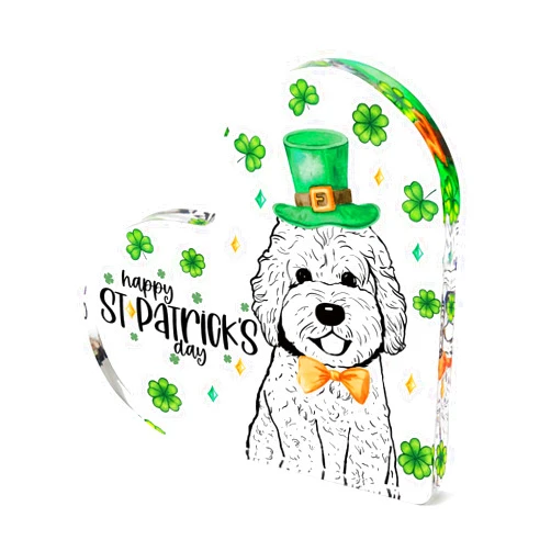 QIONG MENG St. Patrick's Day Decorations Golden Doodle Dog Shamrocks Heart Acrylic Plaque Happy St Patrick's Day Decor for Home Table Office Desk Shelf Dog Lover Gifts