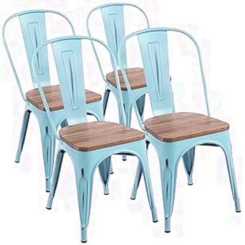YOUNIKE Metal Chairs with Wooden Seat Modern Industrial Distressed Indoor Outdoor Metal Kitchen Dining Room Chairs Set of 4 (Dream Blue)…