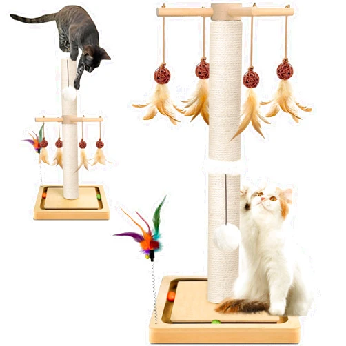 PAROTO Cat Scratching Post, Sisal, Scratcher Tree Tower for Indoor Cats Adults with Hanging and Ball Track, 2 Mounting Methods Interactive Furniture Toys for Kitten, 25 inches