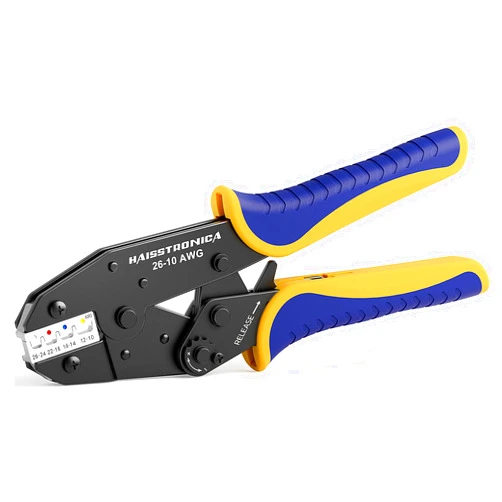 haisstronica Crimping Tool For Heat Shrink Connectors-AWG 26-10 Ratchet Wire Terminal Crimper-Ratcheting Crimper Tools-Available For Insulated Nylon Connectors and Electrical Wire Connectors HS-8327