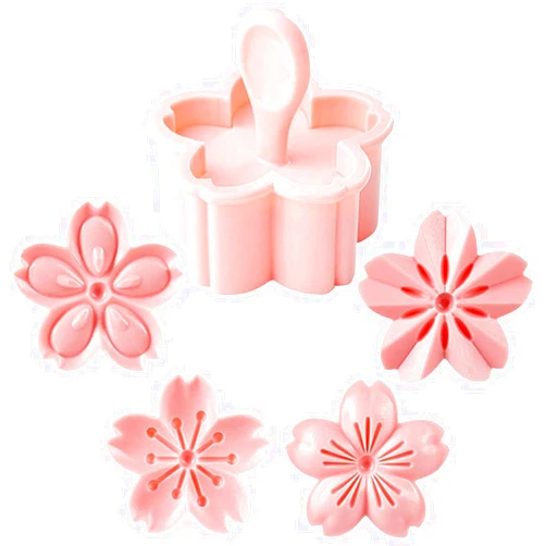 Hetenoyo 5Pcs/Set Cookie Mold Stampers Cherry Blossom Pastry/Fondant Cutters Flower-Shape Hand Pressure Pastry Mould for Sakula Cookies, Sugarcraft Cake Decoration, Polymer Clay, Chocolate (Pink)