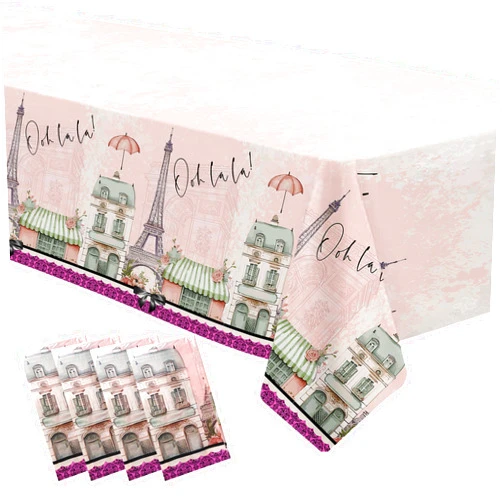 YJRJSC Paris Theme Party Decorations Tablecloth - Disposable Paris Eiffel Tower Decorations Party Tablecover, Paris Birthday Baby Shower Weddings Party Supplies Table Cloth - 4 Pcs(54in x 108in)