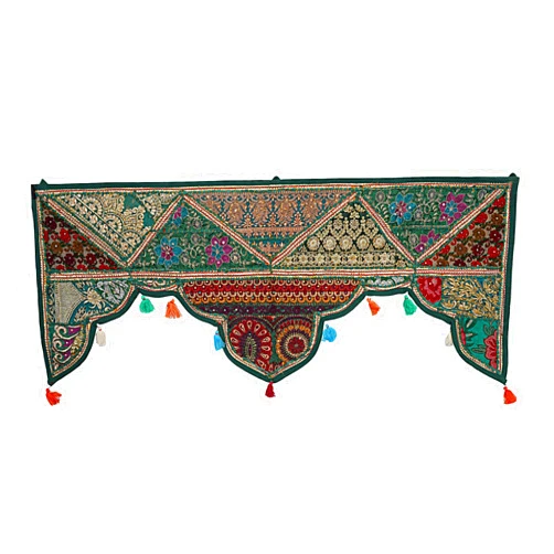 Ekavya valances for Windows Toran Cotton Vintage Patchwork Door Hanging Valance Window Hand Embroidered Bohemian Decor Living Room Wall Bedroom Home Handmade Decorations (Dark Green)