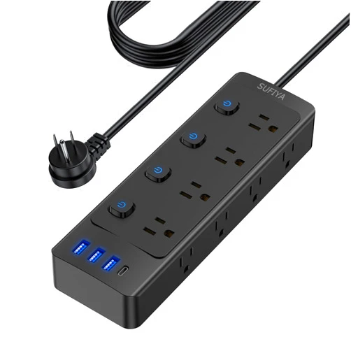 Sufiya Power Strip with Individual Switches, 8 Widely Outlets with 4 USB Ports, 5.8 FT Extension Cord, Wall Mount, FCC Certification, Desk Charging Station for Home Office Dorm Room-Black