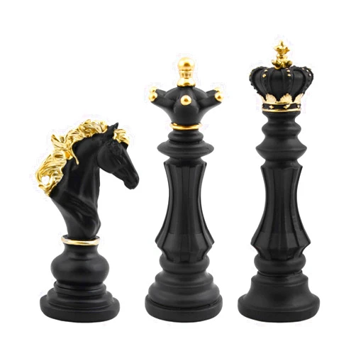 EMVANV 3pcs Small Chess Statue Decor Set, Resin Figurine Chess Piece King + Queen + Knight Set for Office, Home, Study (Black)