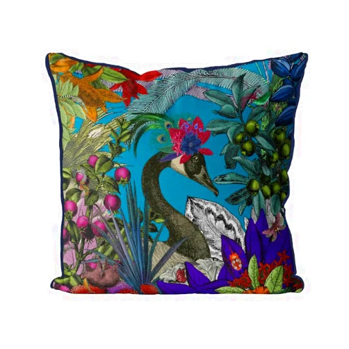 Metr Fabfunky, Glorious Plumes Bird and Floral #2, Blue Turquoise Pillow/Cushion Cover, Zippered Base, Full Piping, 18