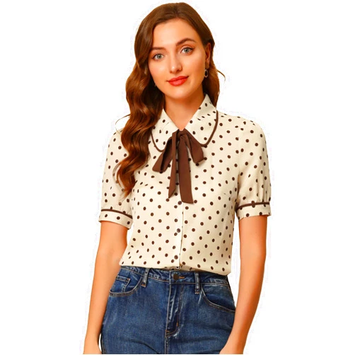 Allegra K Polka Dots Blouse for Women's Peter Pan Collar Bow Tie Neck Puff Sleeve Vintage Shirt Top