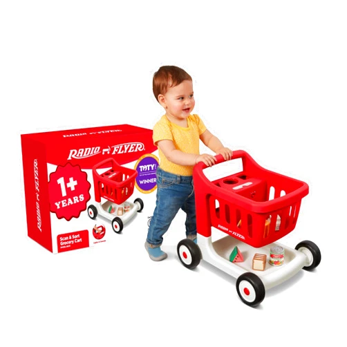 Radio Flyer Scan & Sort Shopping Cart, Red, for Kids 1+, Interactive Baby Walker with Lights & Adjustable Sound, Includes 6 Play Food Items, Adjustable Height Baby Push Walker, for Indoor Play