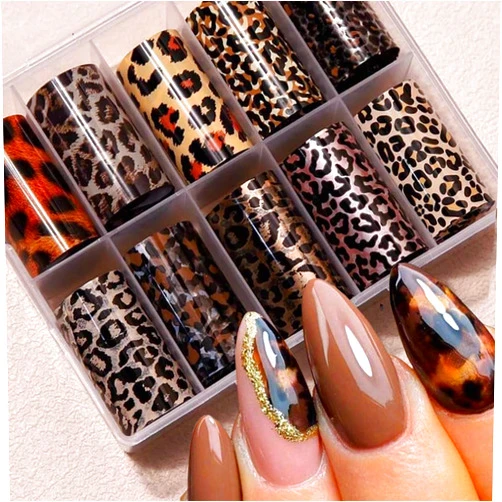 FBABFBUO Leopard Print Nail Art Foils Transfer Stickers 10Pcs Leopard Snake Print Nail Foils Adhesive Decals Nail Art Supplies Laser Starry Sky Paper Manicure Accessories for Women Fall Nail Art Decorations