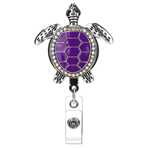 Soleebee Enamel Sea Turtle Badge Reel, 24'' Retractable Badge Holder with Swivel Alligator Clip Bling Rhinestone ID Badge Holder for Nurse Doctor Teachers Students (Purple)