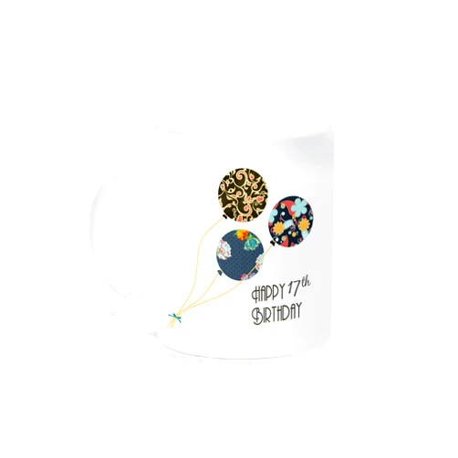 3dRose mug_161958_1 Happy 17Th Birthday Modern Stylish Floral Balloons Elegant Black Brown Blue 17 Year Old Bday Ceramic Mug, 11-Ounce