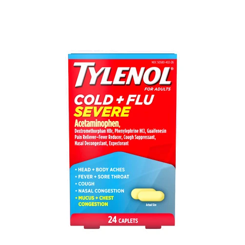 Tylenol Cold + Flu Severe Medicine Caplets for Cold, Flu, Fever, Cough & Congestion Relief, 24 ct