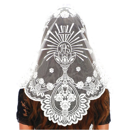 Bozidol Church Triangular Head covering - Cross Chalice Embroidered Vintage Church Veil for Women