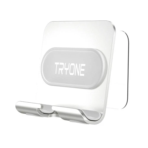 Tryone Wall Mount Cell Phone Holder - Mirror Adjustable Cellphone Stand with 2Pcs Adhesive Sticky Pads for Bathroom Bedroom Kitchen or Dorm, Compatible with iPhone Series or Other Smartphones