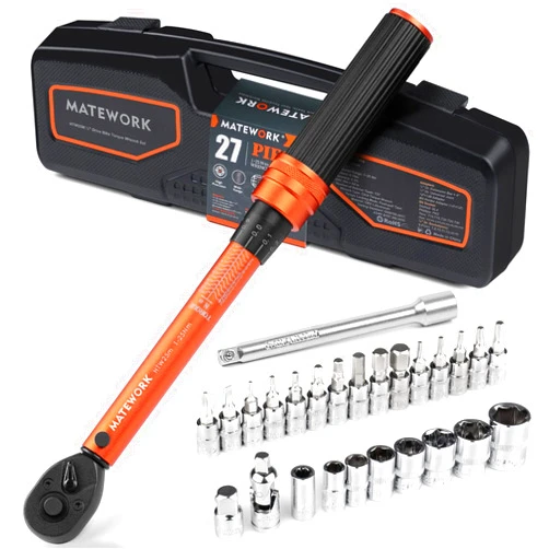 Matework 1/4 Inch Drive Click Torque Wrench, 27 PCS Bike Torque Wrench Set Double Scale (1-25Nm/8.9-221.3lb.in), 0.1Nm High Precision with Bit Sockets, 3/8 Adapter, Extension Bar, for Bicycle Maintenance
