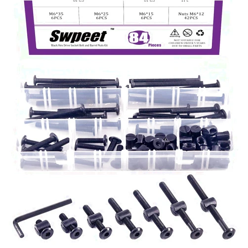 Swpeet 84Pcs Black M6 × 15/25/35/45/55/65/75mm Crib Hardware Screws Kit, Hex Socket Head Cap Crib Baby Bed Bolt and Barrel Nuts with 1 x Allen Wrench Perfect for Furniture, Cots, Crib Screws