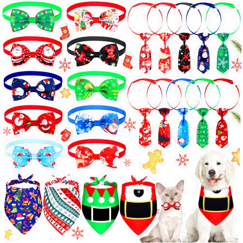 Frienda 24 Pieces Christmas Dog Bow Ties Collar Set, 4 Pieces Dog Bandanas Scarf 10 Pieces Dog Neckties 10 Pieces Dog Bowties Adjustable Santa Claus Dog Cat Collar Pet Xmas Supplies