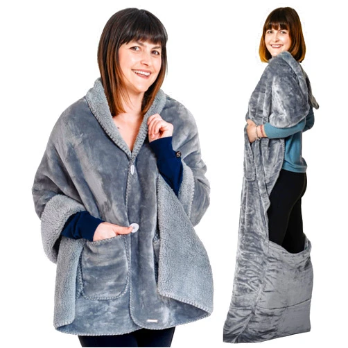 EzrAllora Premium Silver Grey Bundle: Double Layer Sherpa Poncho & Foot Pocket Blanket - Plush Cozy Gift Set for Women - Couples and Parents Gifts