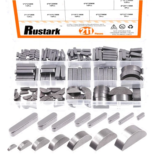 Rustark 211Pcs 2 Styles Metric Key Stock & Woodruff Key Assortment Kit Half Moon Semicircle Bond Key Flywheel Key Round Ended Feather Key Parallel Drive Shaft Keys Assortment for Mechanical Industry