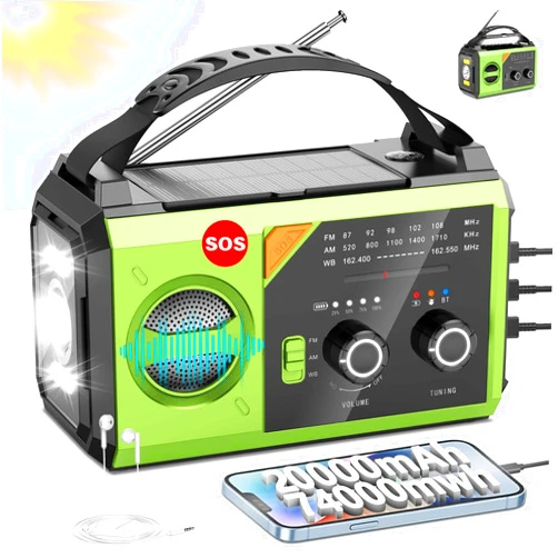 FQBLXY 20000mAh Hand Crank Emergency Radio,AM/FM NOAA Weather Radio with 74000mWh Power Bank Cell Phone Charger,Solar Radio with LED Flashlight,USB Charged,Compass,SOS Alarm Camping & Survival(Grass Green)