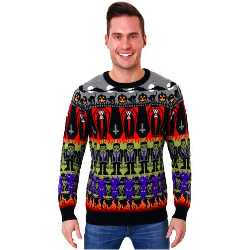 Fun Costumes Adult Classic Horror Monsters Fair Isle Halloween Sweater, Acrylic with Knitted Vampires and Frankenstein's Monster