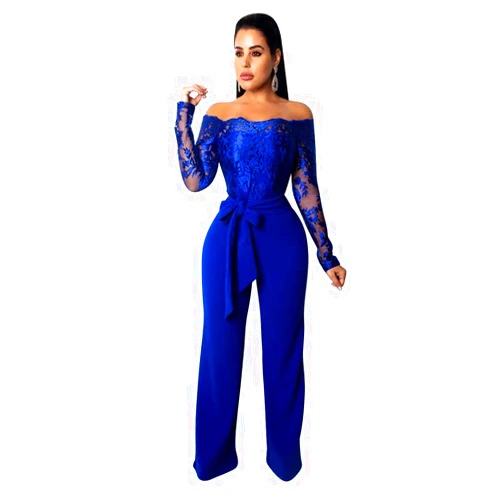 IWEMEK Women Elegant Off Shoulder Floral Lace Slim Long Jumpsuit Pants High Waist Casual Bodycon Wide Leg Romper with Belt